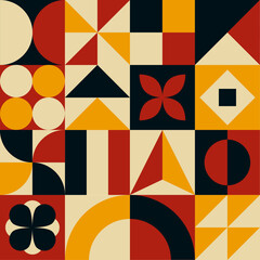 Vector color neo geo background. Bauhaus style backdrop. Abstract vintage design with geometric shapes: triangles, circles, squares. Template for poster,  banner, flyer.
