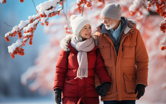 Happy Senior Couple Walking In Winter Park Holding Hands