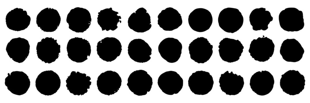 set of black and white circle paint stroke shapes. round grunge vector shapes