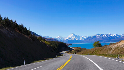 The mountain landscape view of blue sky background over Aoraki mount cook national park,New zealand