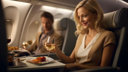 Beautiful woman in the cabin of a business class airplane having her meal