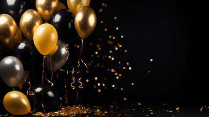Black Friday, sale, Gold balloons, Confetti and ribbons on black background, christmas, party
