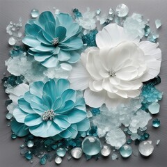 White and blue flowers on a bed of blue and aquamarine stones, AI generated