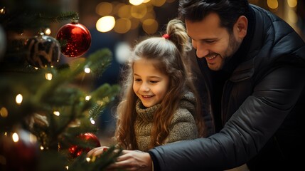 Obraz na płótnie Canvas Happy parent helping their daughter decorate the house christmas tree , smiling young girl enjoying festive activities concept. Generative AI
