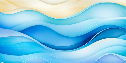 Fototapeta premium Abstract ocean wave blue watercolor brush strokes texture painting. Colorful wavy water lines art background. Bright ocean waves paint stripes. Pool water waves illustration for web mobile backdrop
