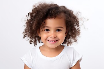 Adorable Mexican toddler girl with afro hair smiles sweetly against white background, highlighting...