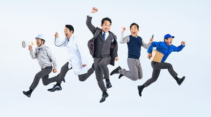 ジャンプする様々な職業に扮装した同一人物のミドル男性（切り抜き背景透過PNGも販売しております。作成者リンクから「PNG」で検索してください）