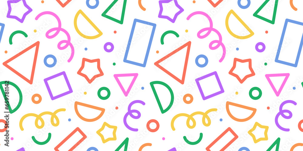 Poster Fun colorful line doodle seamless pattern. Creative minimalist style art background for children or trendy design with basic shapes. Simple childish scribble backdrop.	