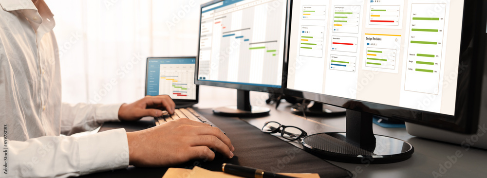 Poster project manager planning schedules for business task on office using gantt chart software display on
