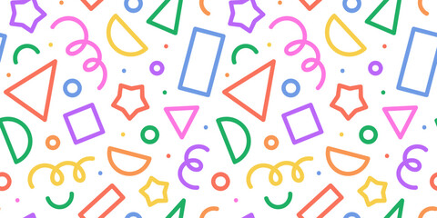 Fun colorful line doodle seamless pattern. Creative minimalist style art background for children or trendy design with basic shapes. Simple childish scribble backdrop.	