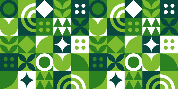 Fototapeta Green geometric mosaic seamless pattern illustration with nature abstract shapes. Fresh organic concept background print. Eco friendly minimalist shape texture, geometry collage.