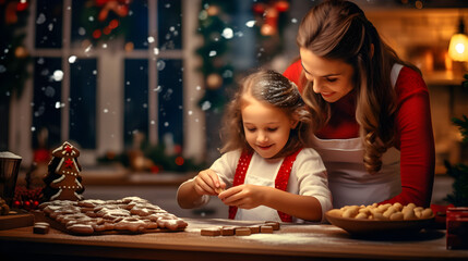 mother and daughter baking cookies at Christmas together. Holidays and celebration concept. Generative AI - obrazy, fototapety, plakaty