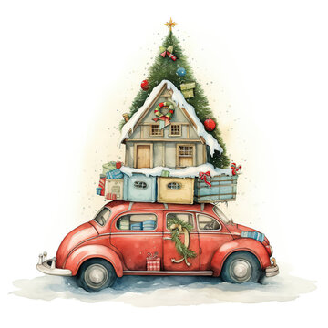Watercolor drawing of a red car pickup truck carrying Christmas gifts and Christmas trees. For your design