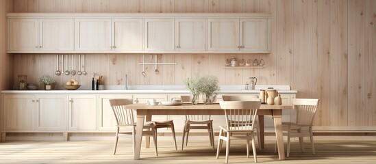 illustration of a farmhouse style interior with white and bleached wooden kitchen and dining area including cabinets table with chair wallpaper and parquet floor