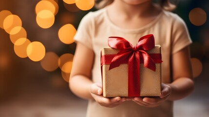Small cute child holding present gift box with red ribbon,giving receiving presents on holiday event. Generative AI