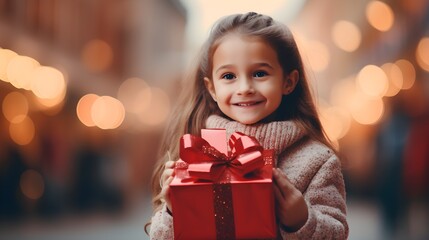 Fototapeta na wymiar Small cute child holding present gift box with red ribbon,giving receiving presents on holiday event. Generative AI