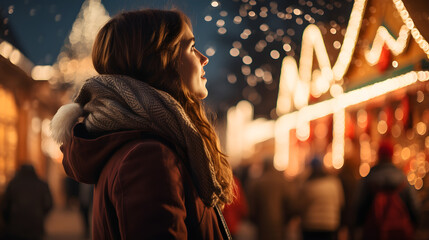 woman enjoying the view of the christmas fair at night in the city at xmas eve. Colorful and bright bokeh lights. snow falling down in winter. Generative AI - obrazy, fototapety, plakaty