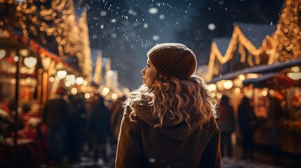 woman enjoying the view of the christmas fair at night in the city at xmas eve. Colorful and bright bokeh lights. snow falling down in winter. Generative AI - obrazy, fototapety, plakaty