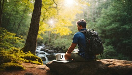Freelancer concept, man with laptop and cup of coffee working in nature, hiker adventurer background, template 