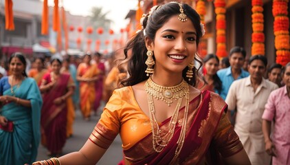 Portrait of beautiful traditional Indian woman dancing in the street, people background, banner,...