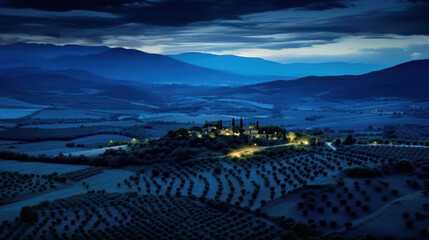vue aérienne de la campagne Provençale le soir au dernière lueurs du jour sous un ciel chargé - obrazy, fototapety, plakaty