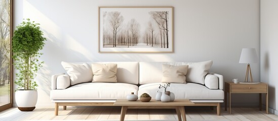 illustration of a Scandinavian interior design featuring a white sofa in the living room