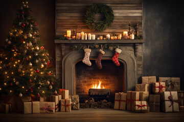 Background for New Year's greetings or Christmas. Fireplace and tree decorated with gifts, present boxes, candles.