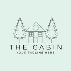 Fototapeta premium cabin line art logo vector minimalist illustration design, cabin with spruce landscape logo design