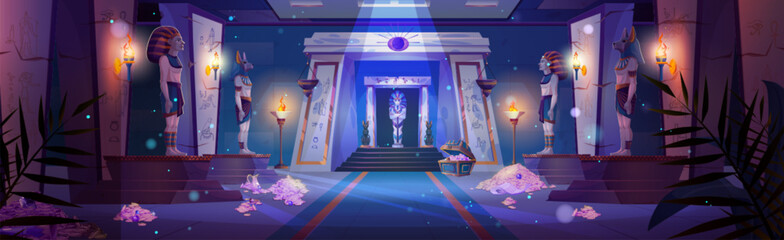 Egyptian pharaoh temple with treasure and tomb. Night ancient Egypt palace background. pyramid inside room interior with sarcophagus, torch fire, hieroglyphics on wall and magic moonlight sparkle. - obrazy, fototapety, plakaty