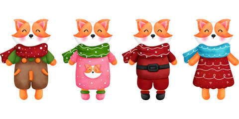 Set of cute baby corgi in christmas outfits.Watercolor animal clipart for seasonal greeting.