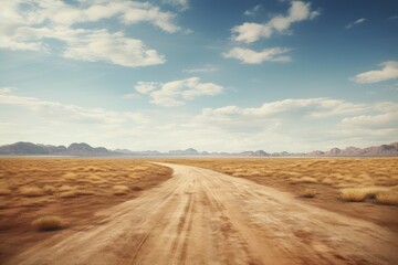A picture of a dirt road stretching through the vast desert landscape. Perfect for illustrating the isolation and ruggedness of desert environments. - obrazy, fototapety, plakaty