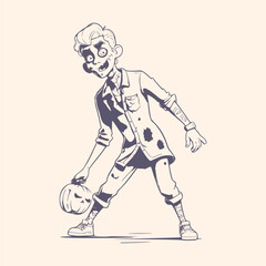 Cartoon young zombie monster holding pumpkin. Funny and scary character