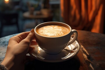 A person is seen holding a cup of coffee on a saucer. This image can be used to depict relaxation, morning routines, or coffee culture