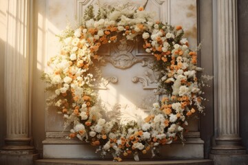 A beautiful wreath made of white and orange flowers hanging on a wall. Perfect for adding a touch of elegance to any space