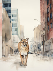 A Minimal Watercolor of a Mountain Lion on the Street of a Large Modern City