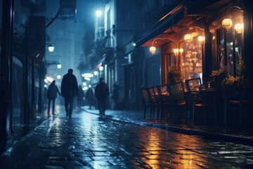 A couple walking down a street at night. This image can be used to depict a romantic evening stroll or a casual nighttime walk in the city - obrazy, fototapety, plakaty