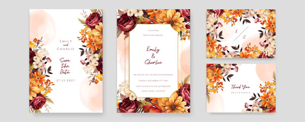 Colorful colourful rose and peony vector wedding invitation card set template with flowers and leaves watercolor