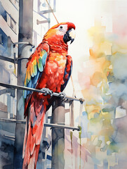 A Minimal Watercolor of a Parrot on the Street of a Large Modern City
