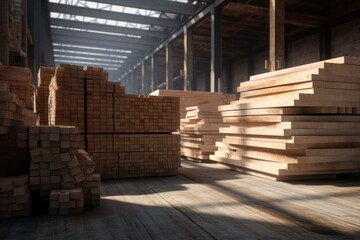 A warehouse filled with neatly stacked piles of wood. This image can be used to represent construction, woodworking, or storage concepts