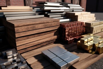 A pile of metal bars sitting on top of a wooden table. This image can be used to depict construction materials, industrial work, or DIY projects - Powered by Adobe