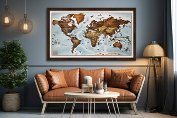 A comfortable living room featuring a couch and a decorative map on the wall. Perfect for adding a touch of wanderlust to any space