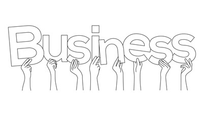 Group of diverse caucasian hands holding "Business" word, letters line art black vector.