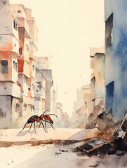 A Minimal Watercolor of an Ant on the Street of a Large Modern City
