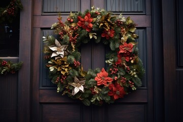 Fototapeta na wymiar A wreath placed on the front door of a house. Perfect for adding a welcoming touch to any home