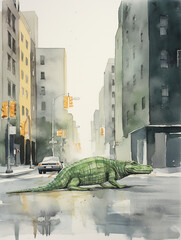 A Minimal Watercolor of an Alligator on the Street of a Large Modern City