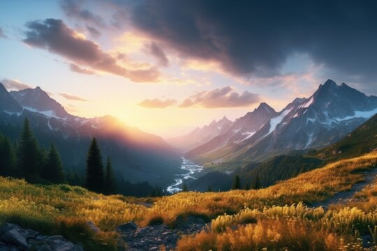 A stunning image of the sun setting over a picturesque mountain valley. Perfect for nature and landscape enthusiasts.