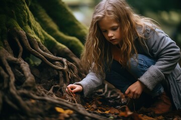 Young girl standing amidst dirt and entwining tree roots