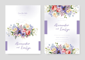 Purple violet and red rose vector wedding invitation card set template with flowers and leaves watercolor