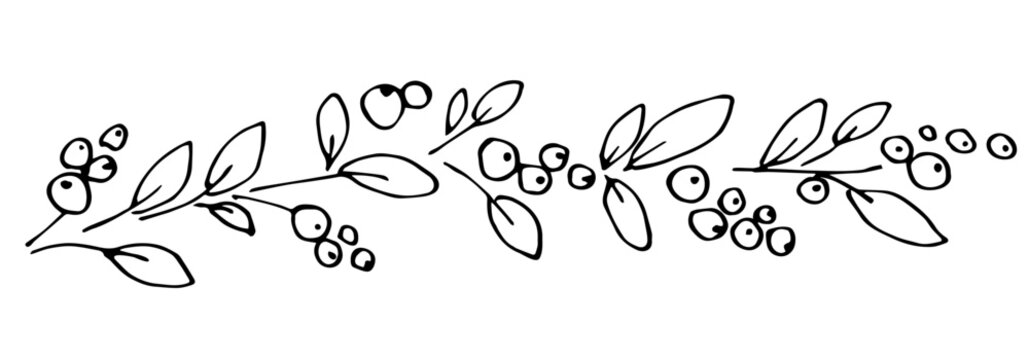 Border garland of berries and snowberry branches. Simple vector drawing with black outline. Sketch in ink.