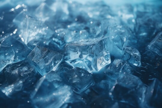 A pile of ice cubes sitting on top of a table. This image can be used to depict refreshment, cooling, summer drinks, or a party atmosphere